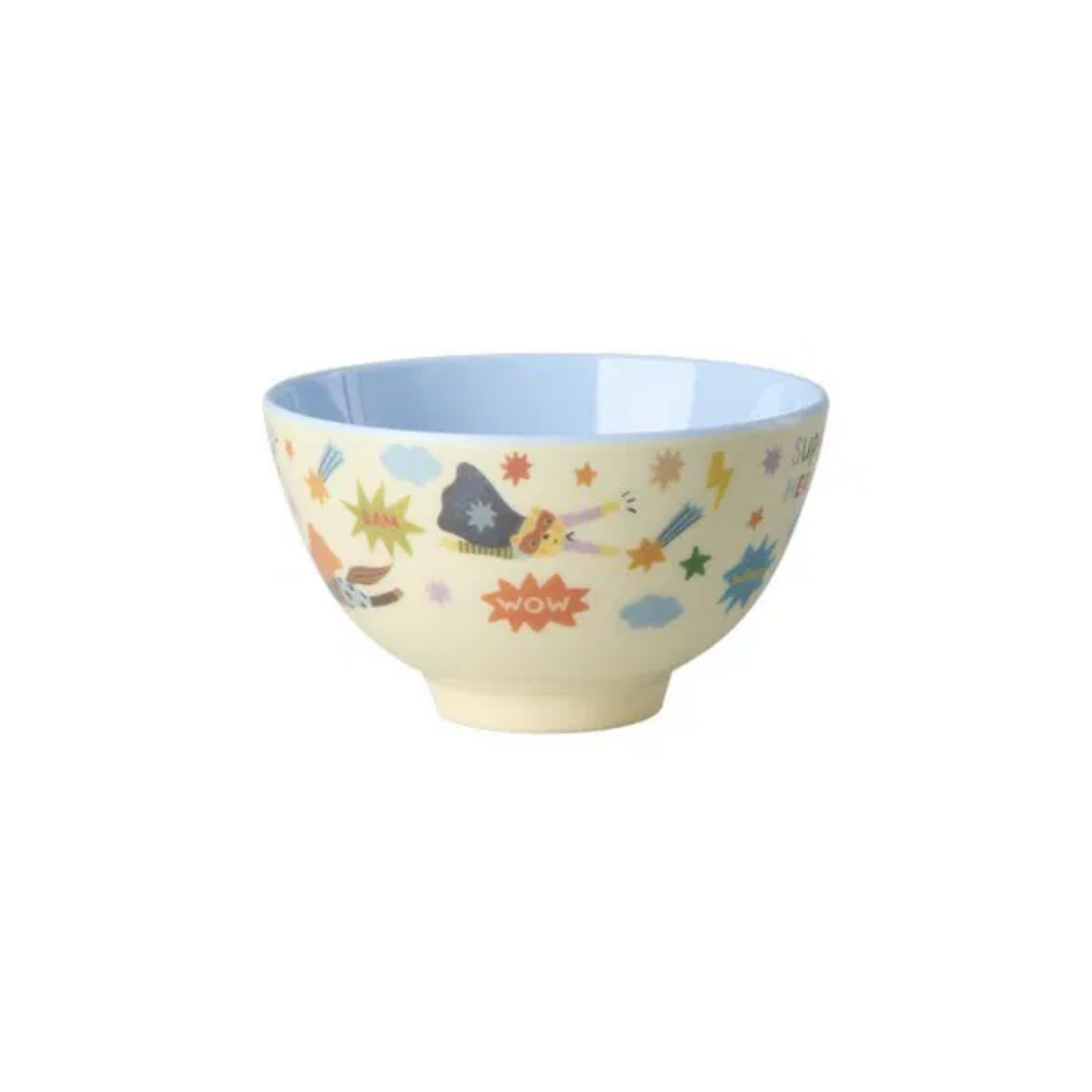 Small soft blue melamine bowl with hero comic print, 10.1 fl oz