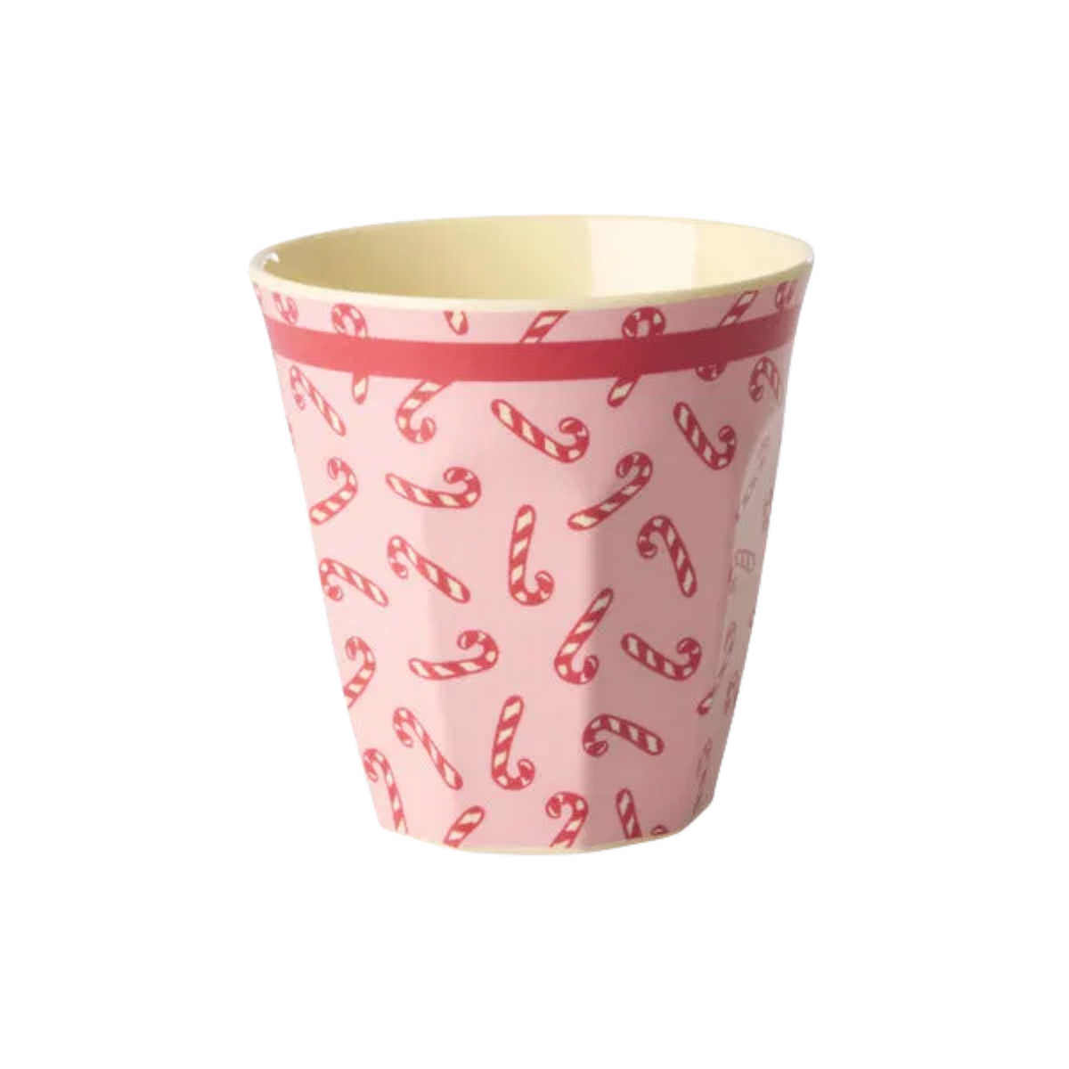 Medium melamine cup with pink body and red candy cane print, 8.5 fl oz