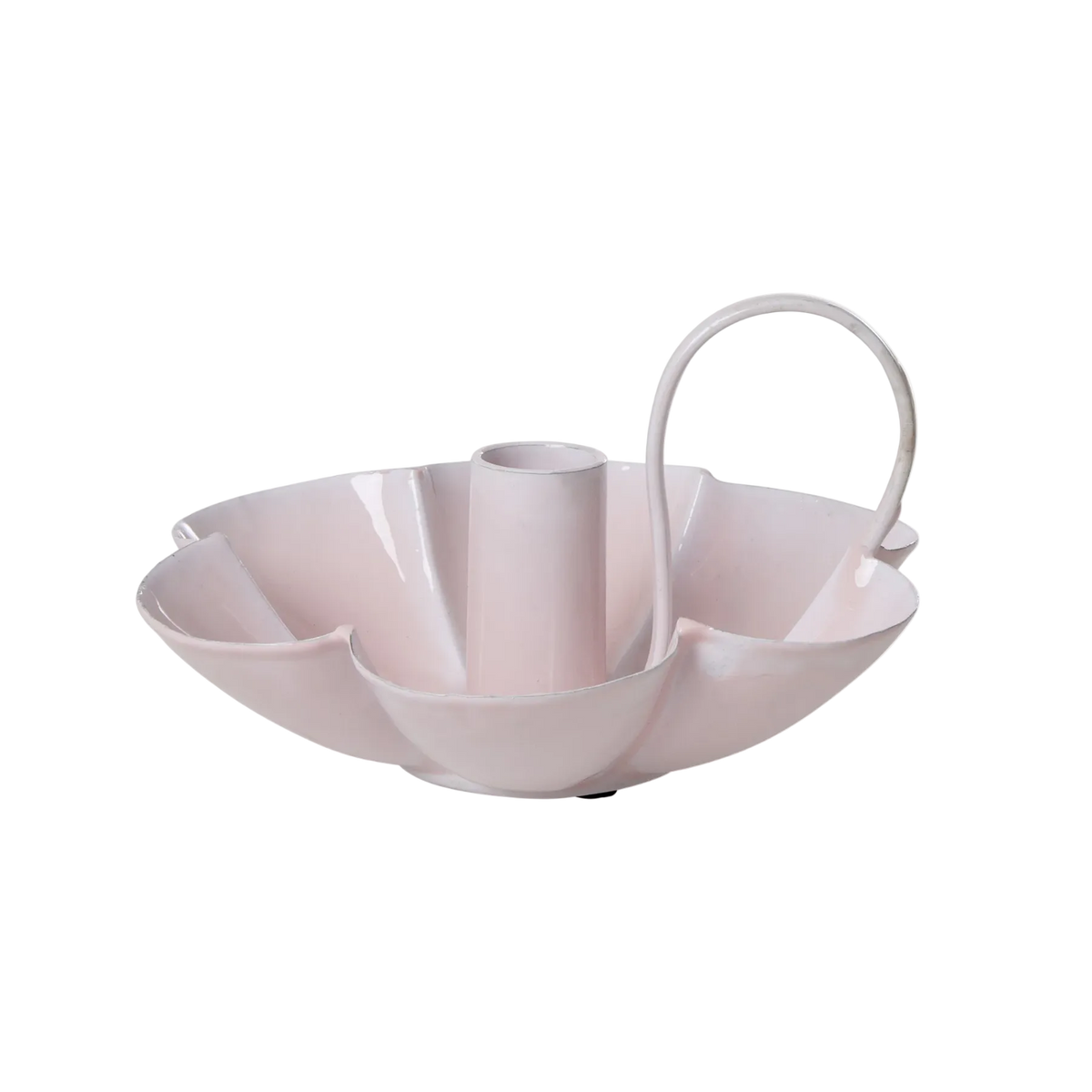 Soft pink metal flower candle holder with central cup and curved handle