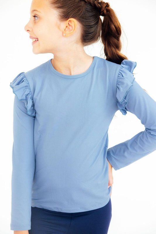 Dusty blue ruffle-sleeve long-sleeve tee, crew neck, side view on model