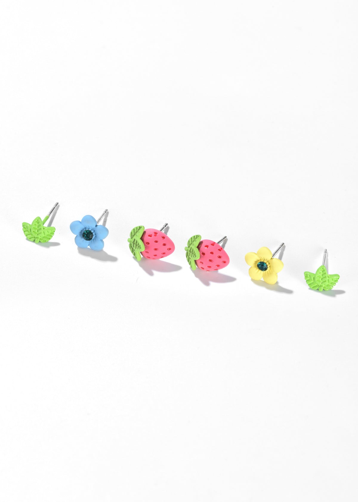 Set of six fruit and flower stud earrings in green, blue, pink, and yellow