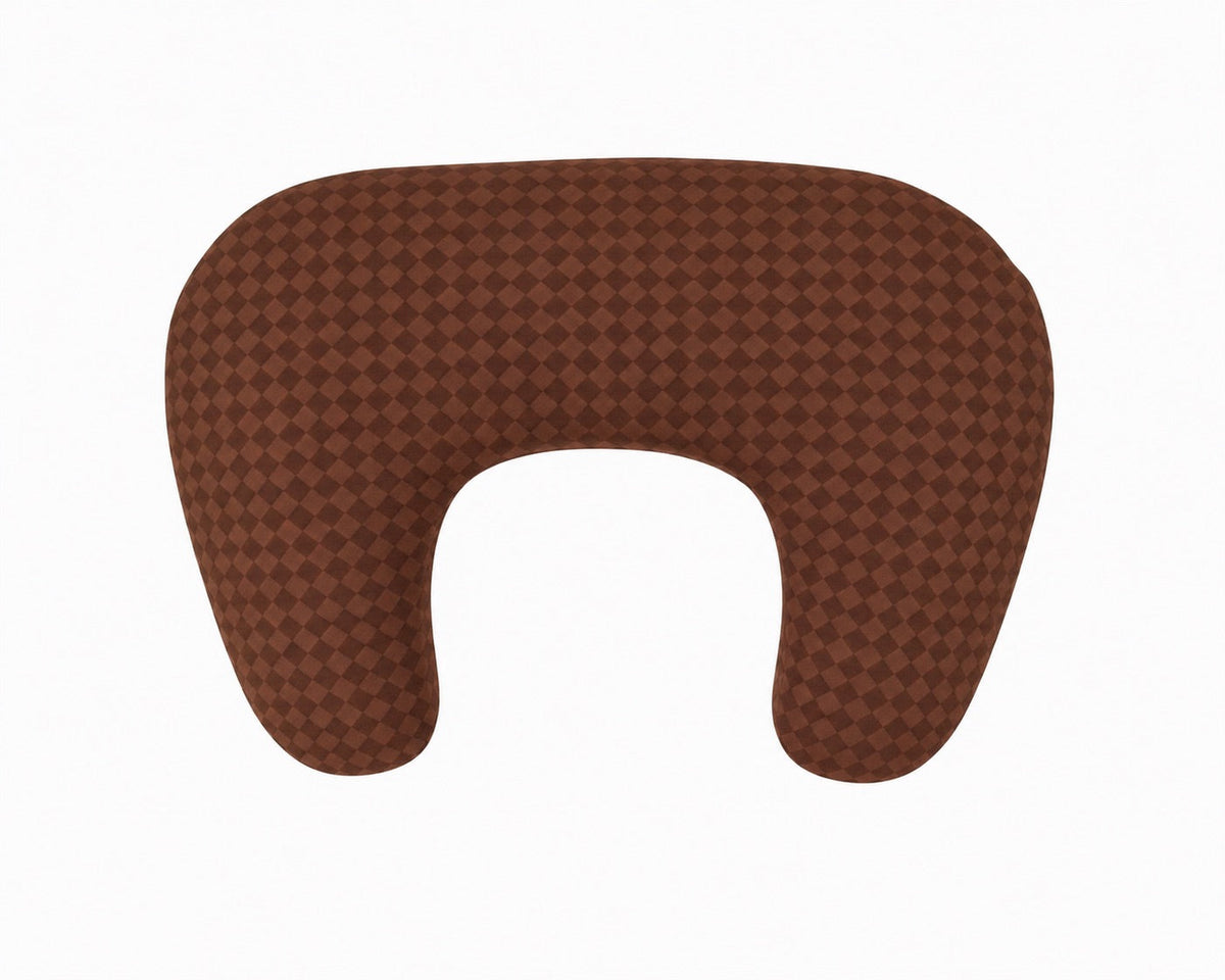 Brown diamond-check nursing pillow cover without ruffle, shown from the back