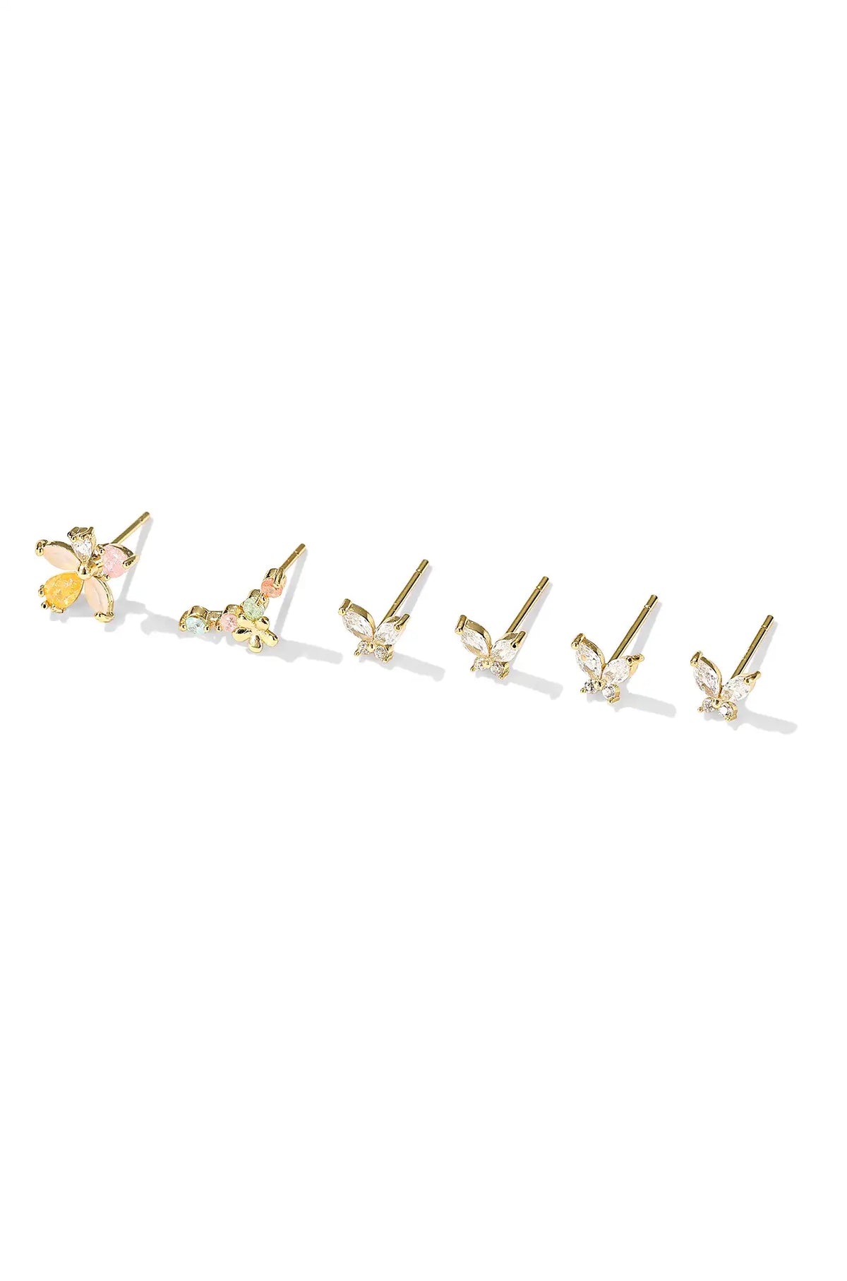 Set of six gold-tone butterfly wing stud earrings with colorful and clear accents