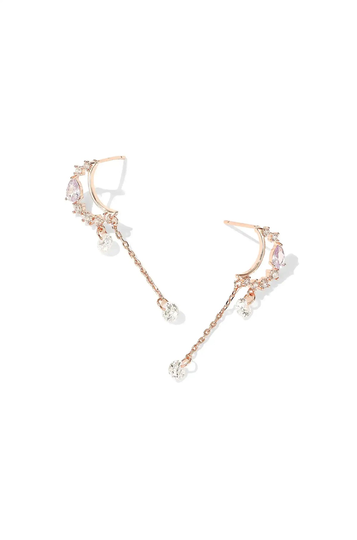 Rose gold dangle crystal earrings with curved ear cuffs and long chain drops