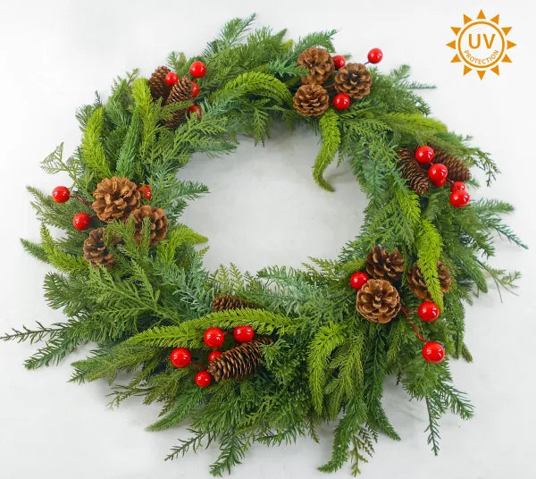 Green mixed wreath with pinecones and red berries, UV-protected outdoor decor