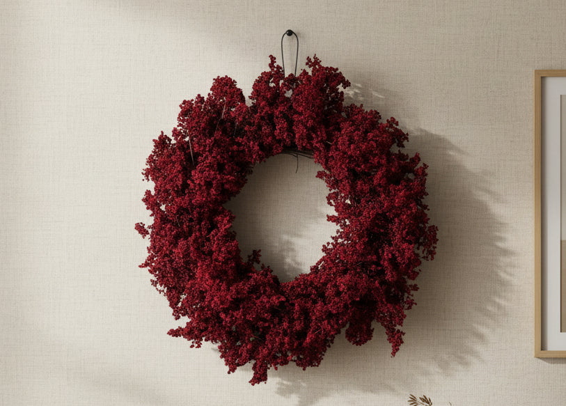 Mini berry wreath with dense burgundy red foliage, round hanging design