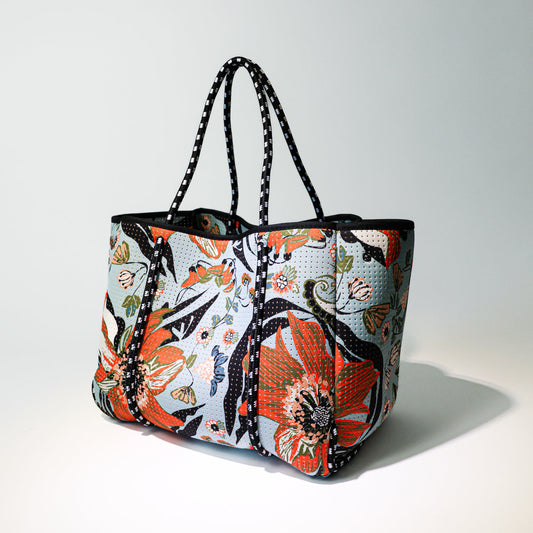 Floral print everyday tote bag with black trim and long top carry handles