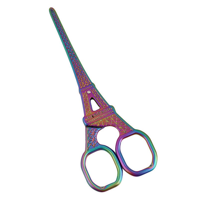 Iridescent Eiffel Tower mini scissors with rainbow finish and twin finger loops