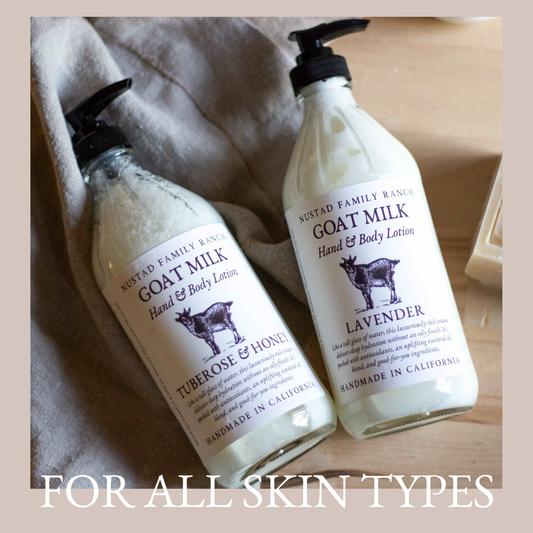 Goat milk hand and body lotion pump bottles with black tops on kraft paper
