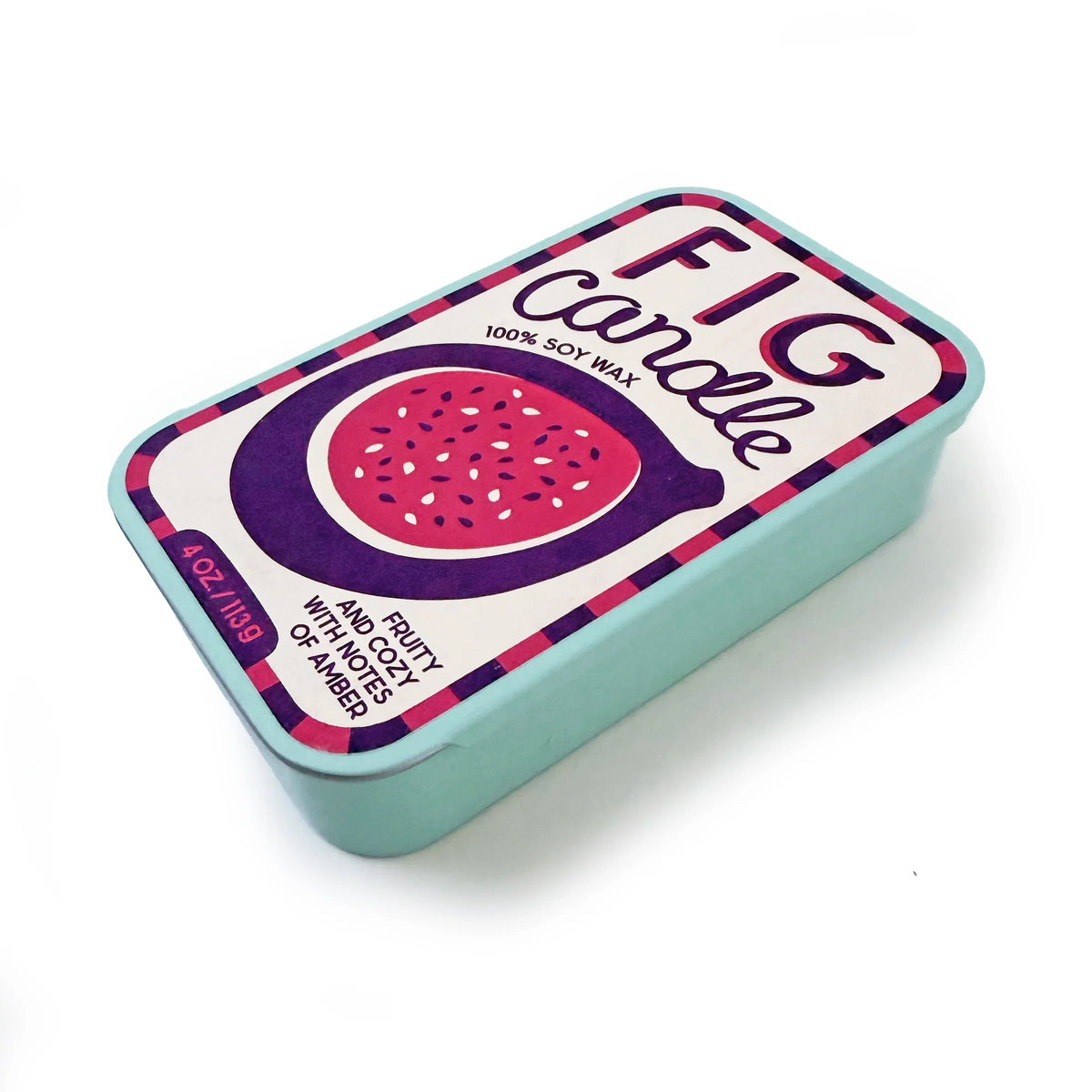 Fig soy wax candle in teal metal tin with fig label on lid, side angle