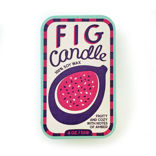 Fig soy wax candle tin with front label and purple fruit graphic