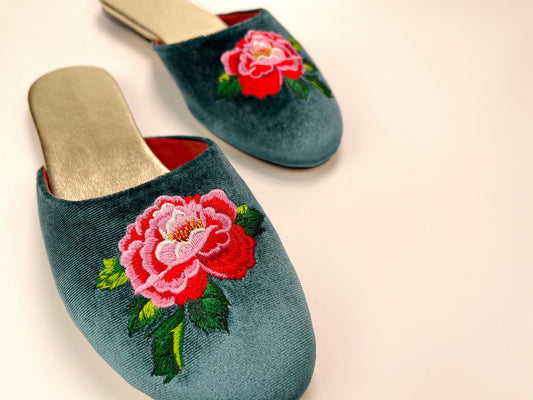 Teal velvet mule slippers with side peony embroidery and gold-toned lining