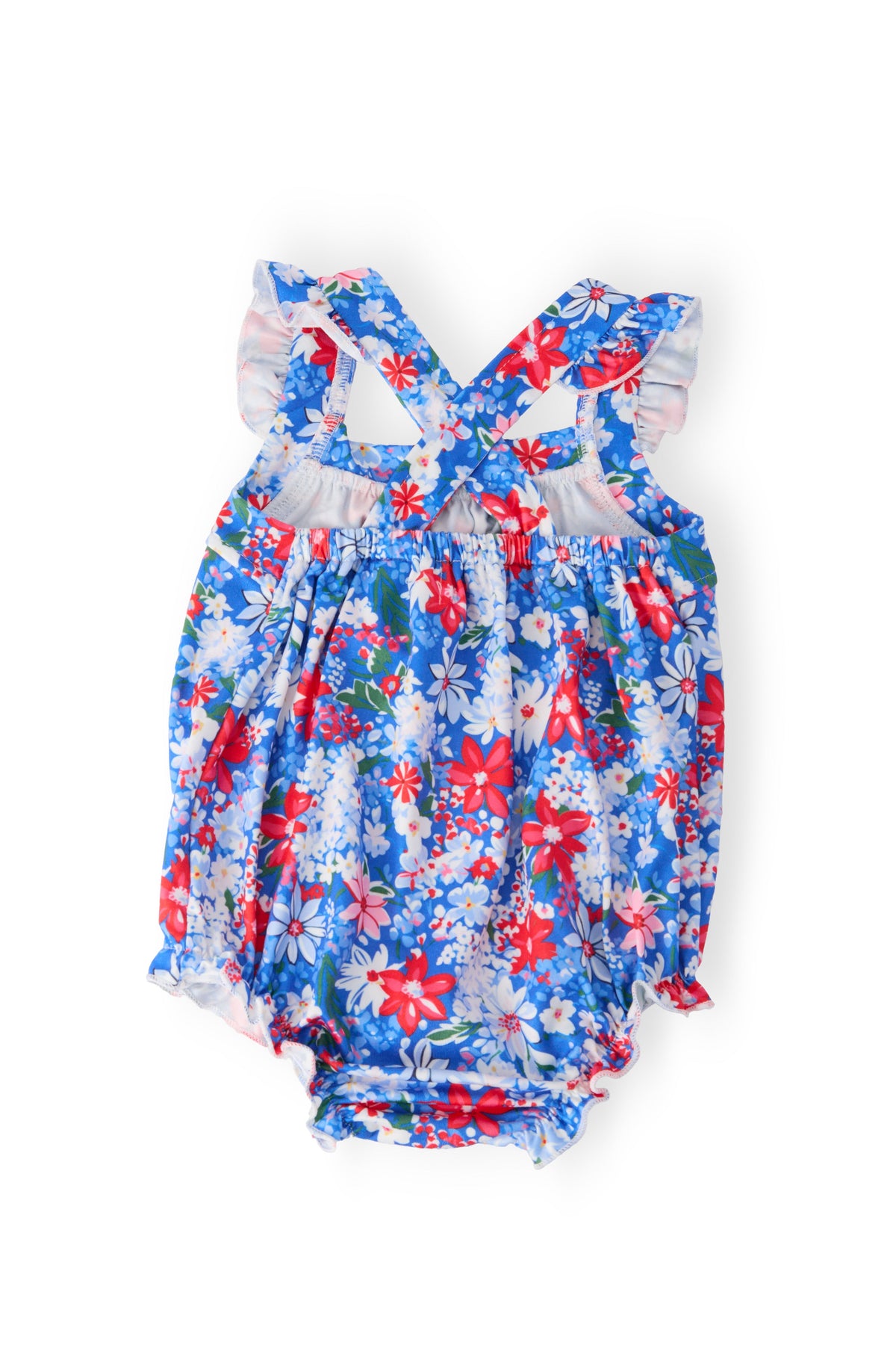 Floral ruffle cross-back romper with gathered skirt, blue red and white print