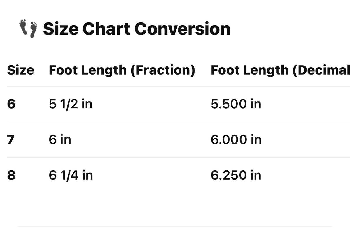 Size chart conversion table: kids shoe sizes 6-8 with foot length in inches