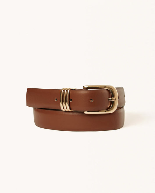 Tan leather belt with gold-tone buckle and double keeper rings