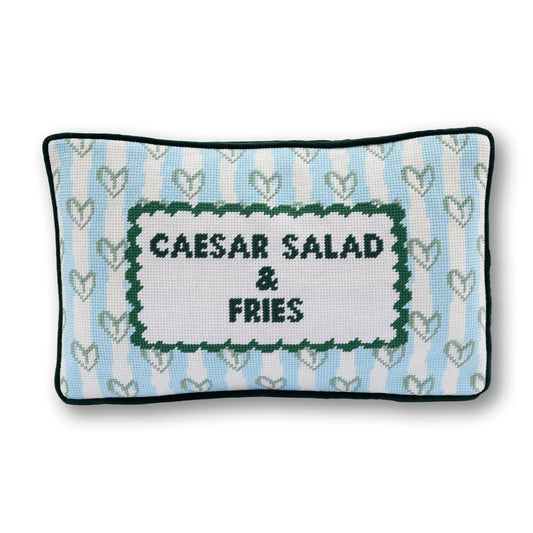 Rectangular needlepoint pillow with Caesar salad & fries text on light blue hearts