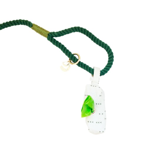 Green rope dog leash with gold-tone D-ring and white charm tag on the lead