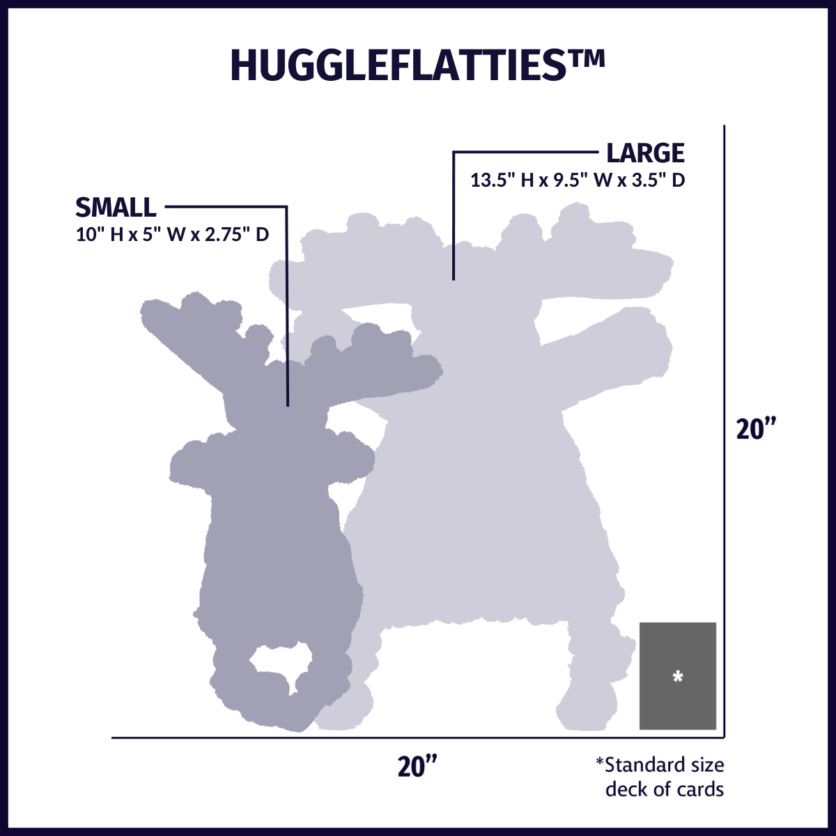HuggleFlatties plush dog toy size chart showing small and large dimensions.