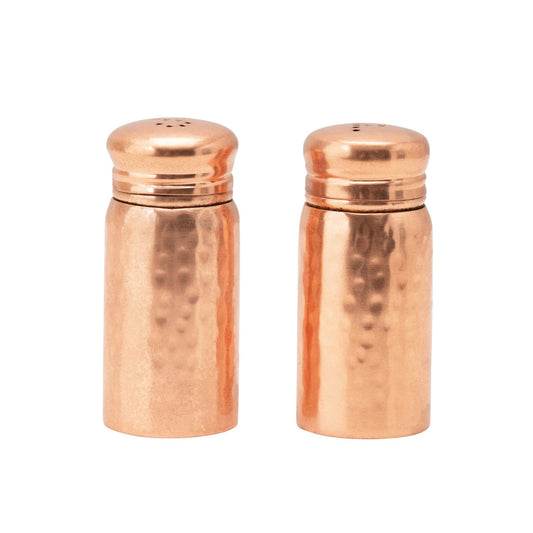 Copper hammered stainless salt and pepper shakers with perforated lids, set of two.
