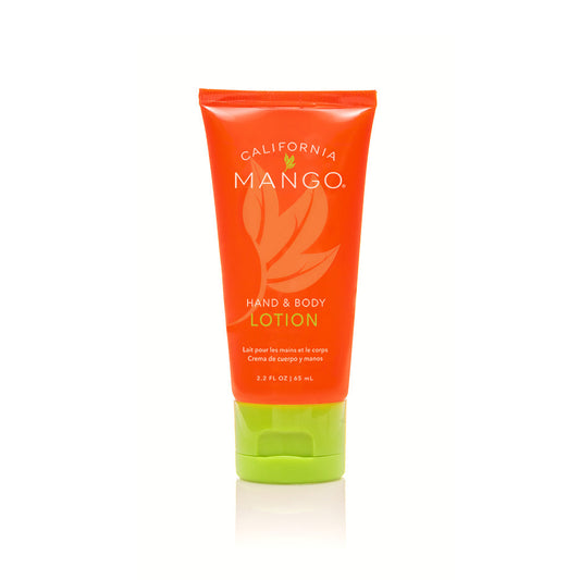 Orange hand and body lotion tube with green cap, California Mango