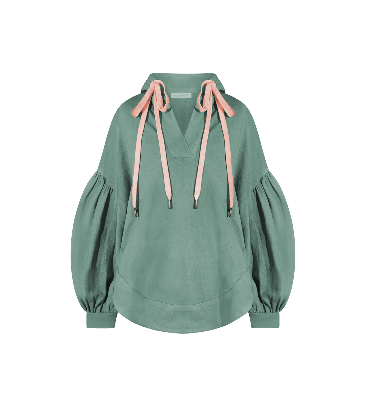 Sage green Harmony Hoodie with pink drawstrings, a kangaroo pocket, and gathered balloon sleeves.