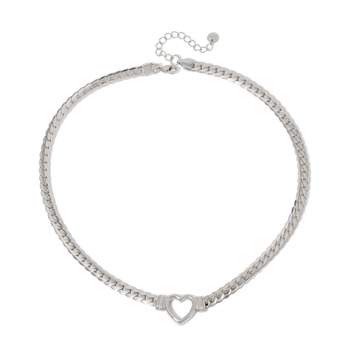 Silver-tone heart pendant necklace with braided curb chain and heart center charm