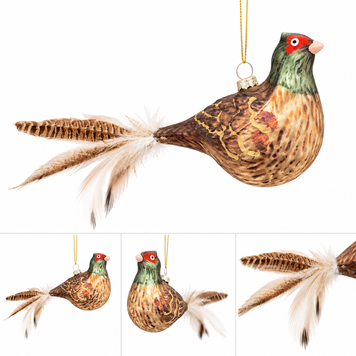 Bronze and green glass bird ornament with red head, hanging feather tail and loop
