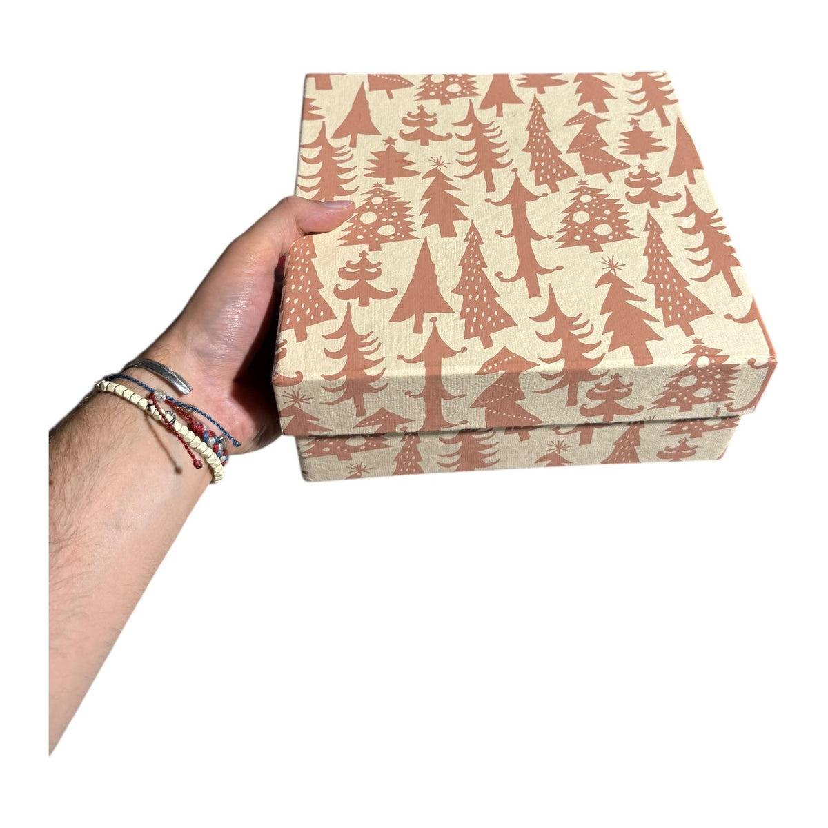 Square gift box with tan and rust red forest tree and ornament pattern