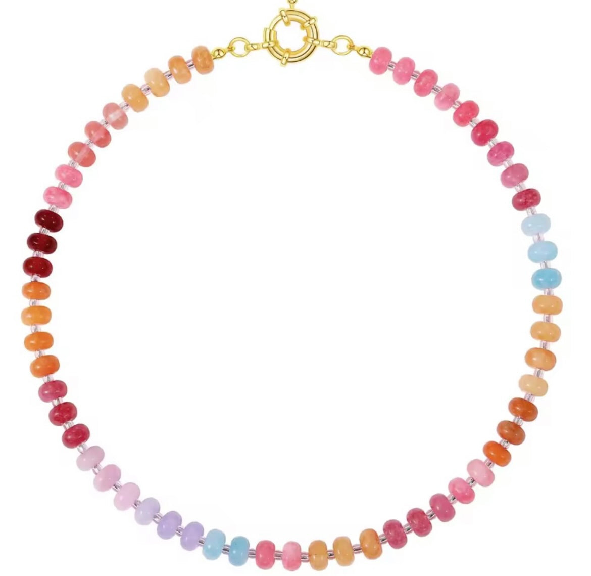 Multicolor beaded toggle necklace with round pink, orange, and purple beads