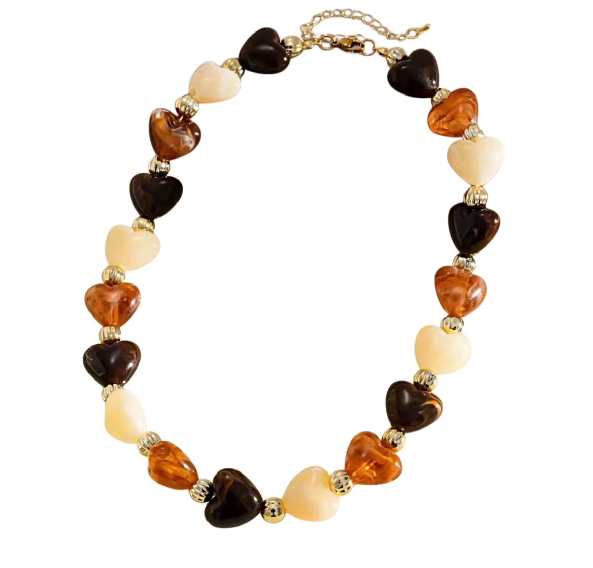 Amber beaded heart necklace with heart-shaped beads in dark amber and cream tones