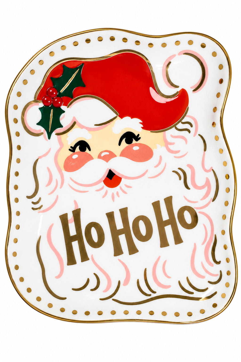 Porcelain Santa dice dish with gold rim, Santa face and 'Ho Ho Ho' graphic