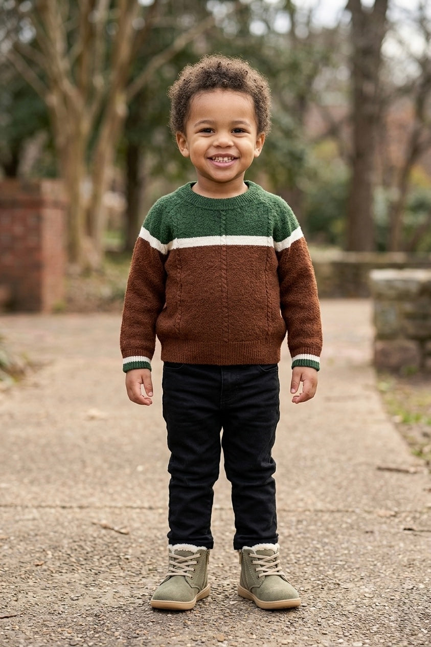 Kids merino wool sweater on child, brown knit with green collar and cream stripe