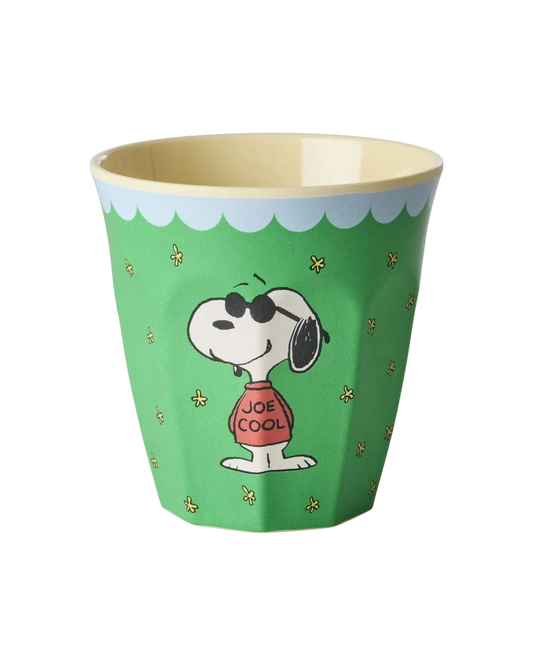 Green melamine cup with Snoopy graphic and scalloped rim