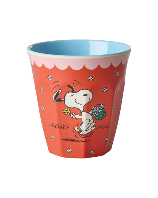 Red melamine cup with Snoopy cartoon and paw-print pattern, blue rim