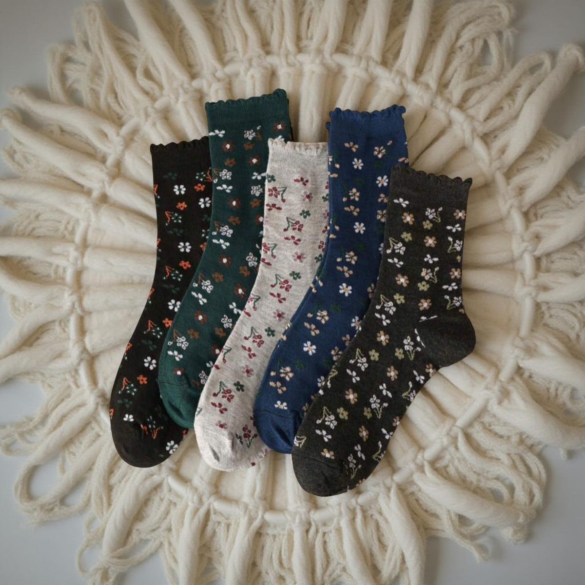 Floral women's sock set, five pairs in dark, blue, gray, and light tones