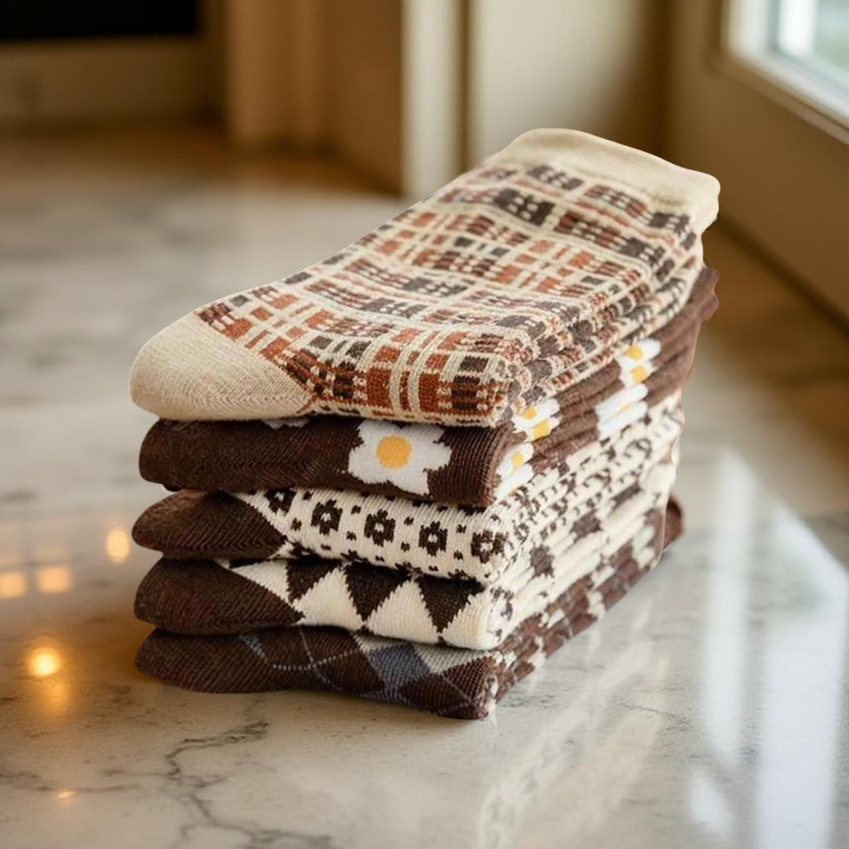 Stack of Women’s crew socks with mixed patterns: plaid, argyle, and daisies