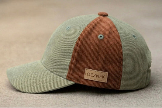 Retro baseball cap in sage green and rust-brown with OZZNEK logo patch