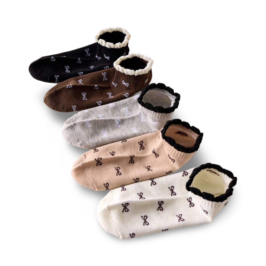 5-pack bow ankle socks with ruffled cuffs, black, brown, gray, blush, and cream