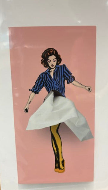 Pink illustrated tissue box cover with pin-up woman in blue stripes