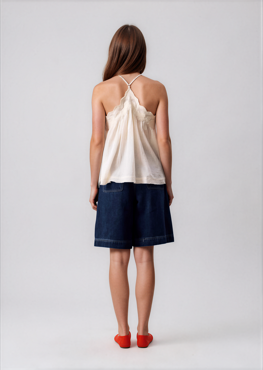 Cream lace-trim halter camisole, open back cross straps