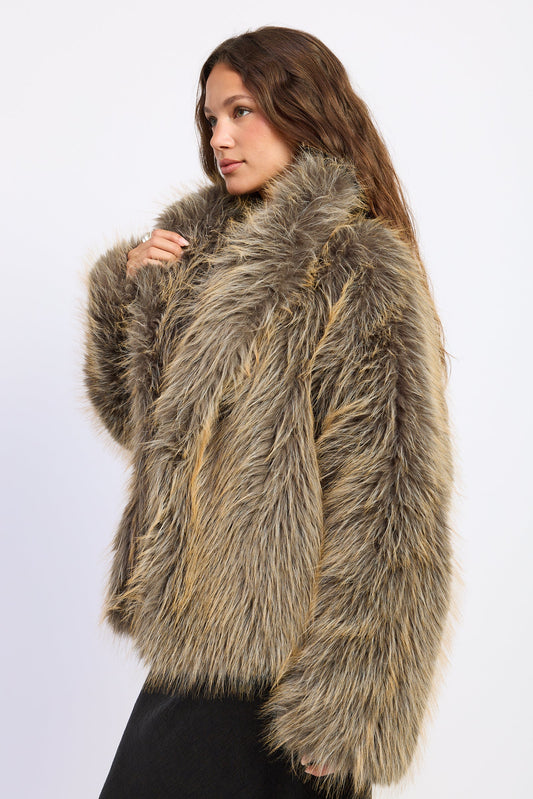Khaki beige fur jacket, side view, draped shawl collar and long sleeves