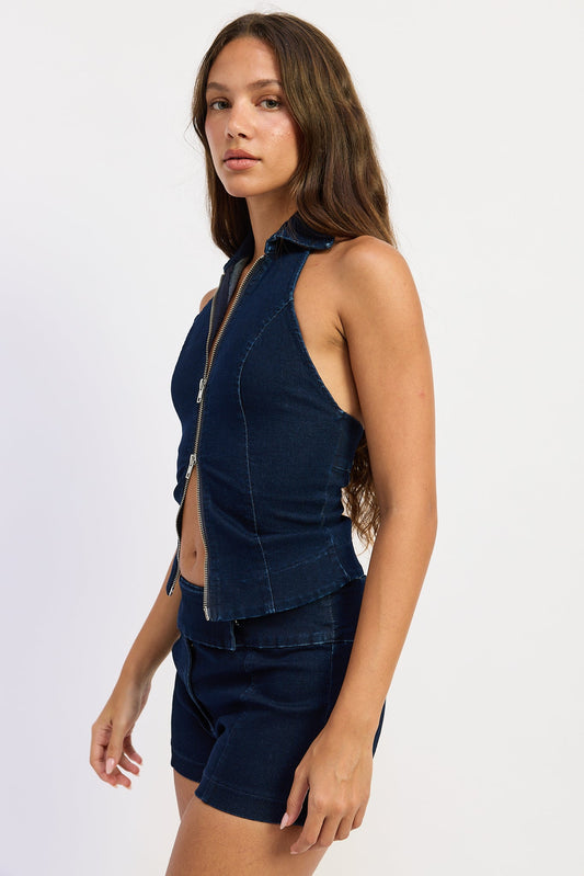 Violette dark denim sleeveless vest top with side cut and zipper front