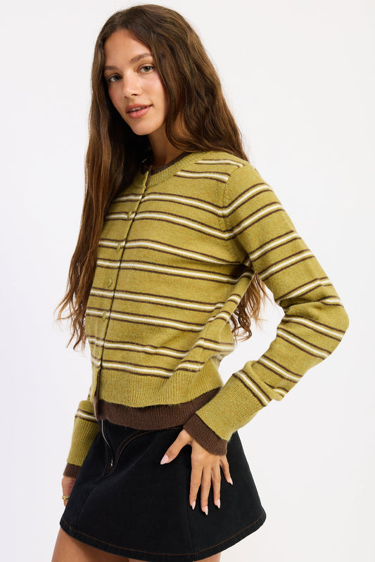 Olive striped button-front cardigan with long sleeves, ribbed cuffs, and hem