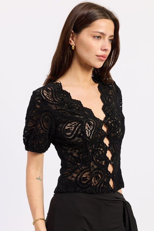 Black lace V-neck top with short sleeves and central open cutout detail