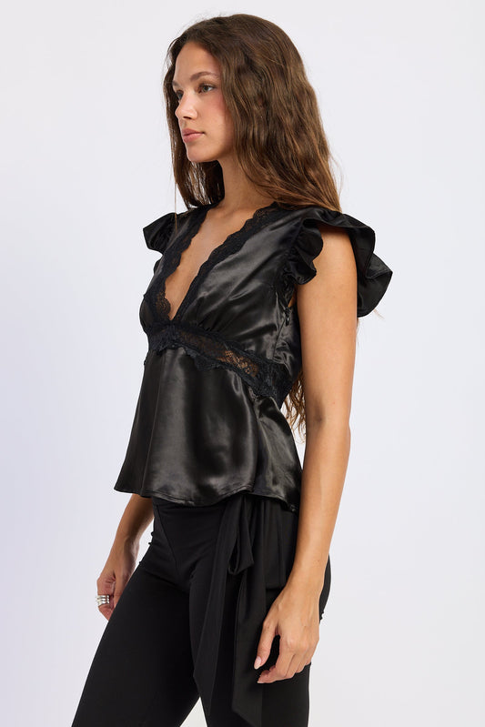Aliza black satin top with lace V-neck and short ruffle sleeves
