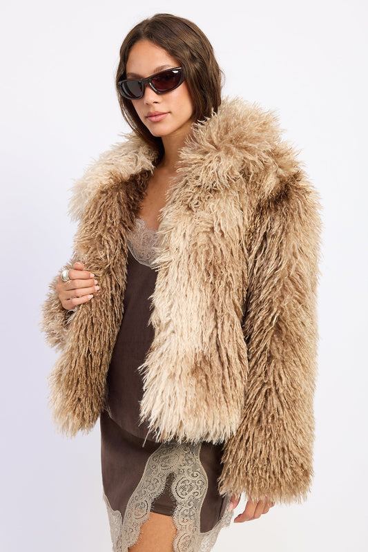 Shaggy faux fur jacket in brown tie-dye, relaxed fit, long sleeves