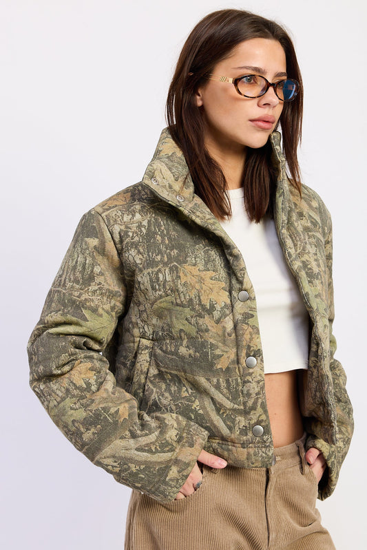 Olive tan camo hooded puffer jacket with snap front and roomy sleeves