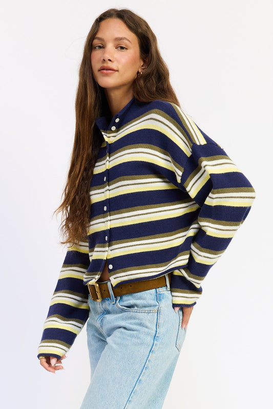 Navy and cream striped button-up cardigan with long sleeves