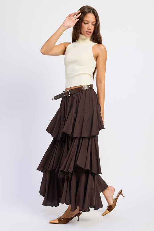 Dark brown tiered maxi skirt with layered ruffles and stitched belt