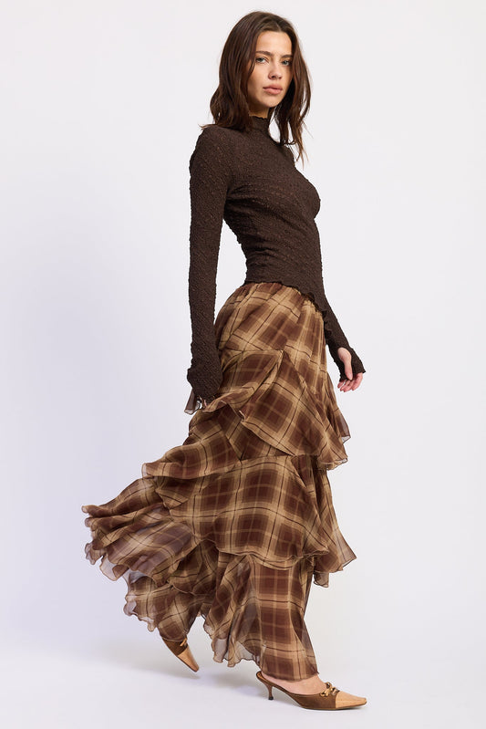 Brown plaid tiered maxi skirt with cascading ruffle hem